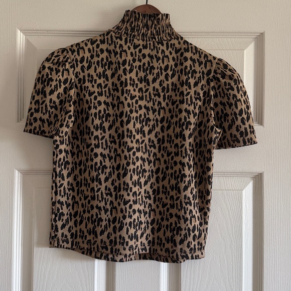 Zara Leopard Smocked Mock Neck Puff Sleeve Top - Tan & Black - Picture 3 of 4